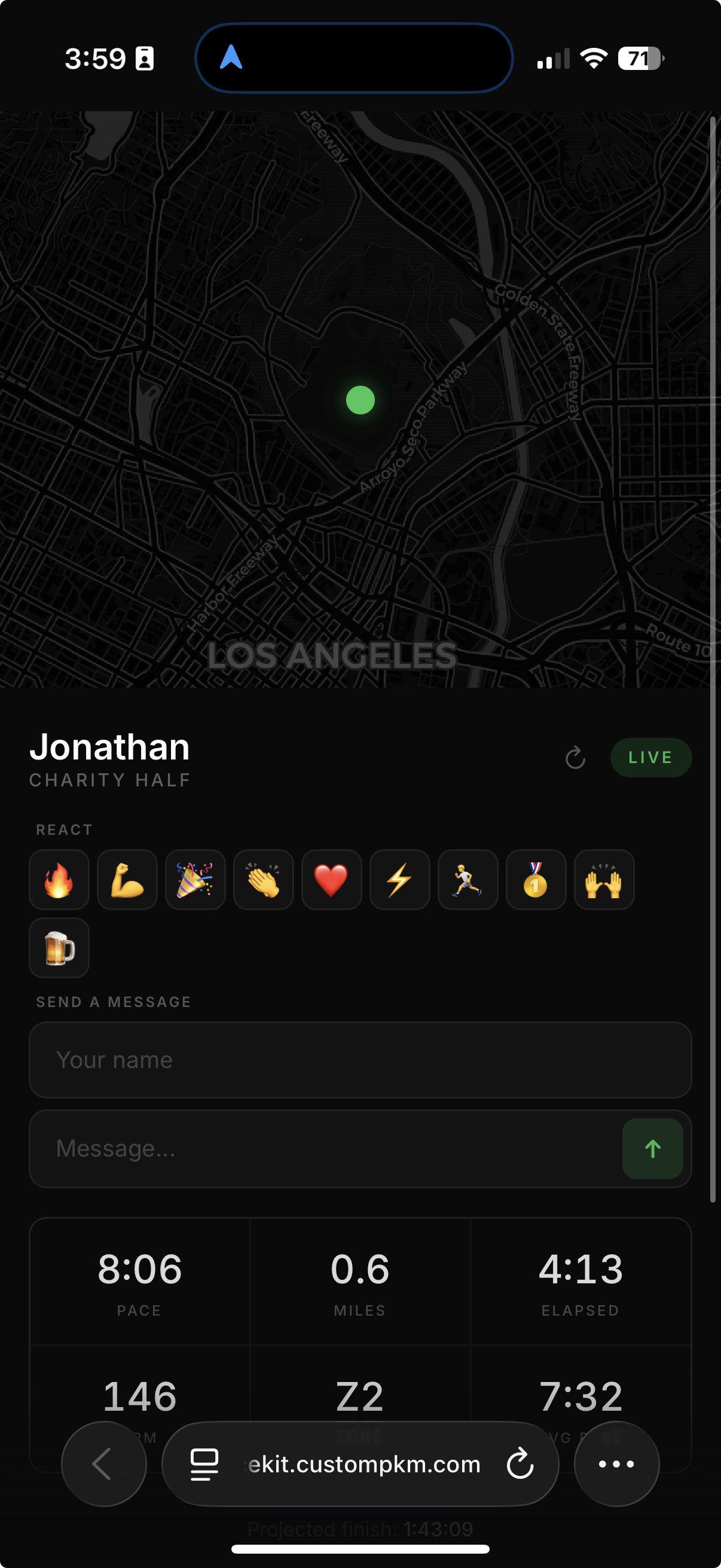 PaceKit live tracking — mobile view with emoji reactions